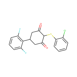 O=C1CC(c2c(F)cccc2F)CC(=O)C1Sc1ccccc1Cl ZINC000299826784