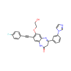 O=C1CC(c2cccc(-n3ccnc3)c2)=Nc2cc(OCCO)c(C#Cc3ccc(F)cc3)cc2N1 ZINC000101448551