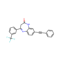 O=C1CC(c2cccc(C(F)(F)F)c2)=Nc2ccc(C#Cc3ccccc3)cc2N1 ZINC000101155443