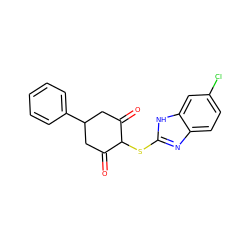 O=C1CC(c2ccccc2)CC(=O)C1Sc1nc2ccc(Cl)cc2[nH]1 ZINC000299823841