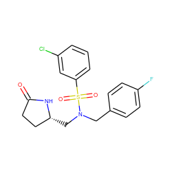 O=C1CC[C@@H](CN(Cc2ccc(F)cc2)S(=O)(=O)c2cccc(Cl)c2)N1 ZINC000103239951