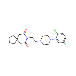 O=C1CC2(CCCC2)CC(=O)N1CCN1CCN(c2cc(F)ccc2Cl)CC1 ZINC000013560140