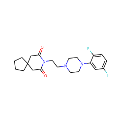 O=C1CC2(CCCC2)CC(=O)N1CCN1CCN(c2cc(F)ccc2F)CC1 ZINC000013560129