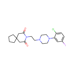 O=C1CC2(CCCC2)CC(=O)N1CCN1CCN(c2cc(I)ccc2Cl)CC1 ZINC000013560141