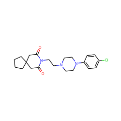 O=C1CC2(CCCC2)CC(=O)N1CCN1CCN(c2ccc(Cl)cc2)CC1 ZINC000013560112