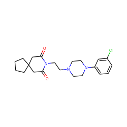 O=C1CC2(CCCC2)CC(=O)N1CCN1CCN(c2cccc(Cl)c2)CC1 ZINC000013560111