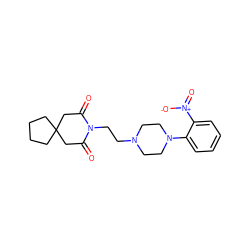 O=C1CC2(CCCC2)CC(=O)N1CCN1CCN(c2ccccc2[N+](=O)[O-])CC1 ZINC000013560119