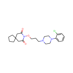 O=C1CC2(CCCC2)CC(=O)N1OCCCN1CCN(c2ccccc2Cl)CC1 ZINC000013820850