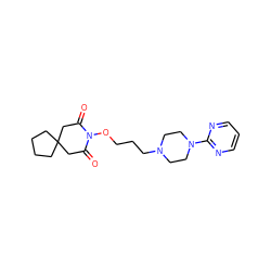 O=C1CC2(CCCC2)CC(=O)N1OCCCN1CCN(c2ncccn2)CC1 ZINC000053059320