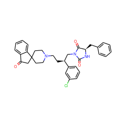 O=C1CC2(CCN(CC[C@@H](CN3C(=O)N[C@H](Cc4ccccc4)C3=O)c3cccc(Cl)c3)CC2)c2ccccc21 ZINC000026833533