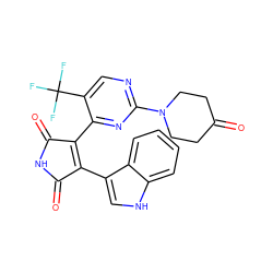 O=C1CCN(c2ncc(C(F)(F)F)c(C3=C(c4c[nH]c5ccccc45)C(=O)NC3=O)n2)CC1 ZINC000058650199