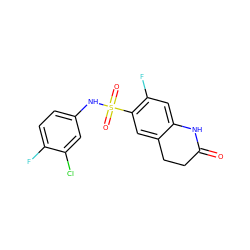 O=C1CCc2cc(S(=O)(=O)Nc3ccc(F)c(Cl)c3)c(F)cc2N1 ZINC000047328623