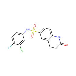 O=C1CCc2cc(S(=O)(=O)Nc3ccc(F)c(Cl)c3)ccc2N1 ZINC000005277389