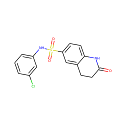 O=C1CCc2cc(S(=O)(=O)Nc3cccc(Cl)c3)ccc2N1 ZINC000000423385