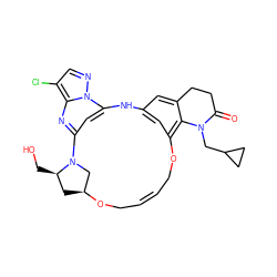 O=C1CCc2cc3cc(c2N1CC1CC1)OC/C=C/CO[C@H]1C[C@@H](CO)N(C1)c1cc(n2ncc(Cl)c2n1)N3 ZINC001772650351