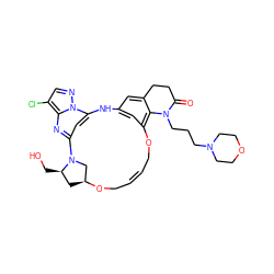 O=C1CCc2cc3cc(c2N1CCCN1CCOCC1)OC/C=C/CO[C@H]1C[C@@H](CO)N(C1)c1cc(n2ncc(Cl)c2n1)N3 ZINC001772576612