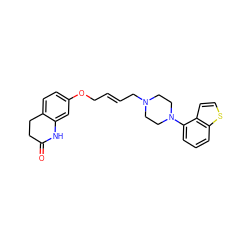 O=C1CCc2ccc(OC/C=C/CN3CCN(c4cccc5sccc45)CC3)cc2N1 ZINC000115090008