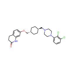 O=C1CCc2ccc(OC[C@H]3CC[C@H](CN4CCN(c5cccc(Cl)c5Cl)CC4)CC3)cc2N1 ZINC000254091720