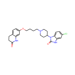 O=C1CCc2ccc(OCCCCN3CCC(n4c(=O)[nH]c5cc(Cl)ccc54)CC3)cc2N1 ZINC000072112337