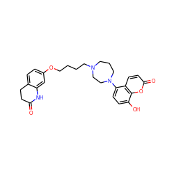 O=C1CCc2ccc(OCCCCN3CCCN(c4ccc(O)c5oc(=O)ccc45)CC3)cc2N1 ZINC001772633123