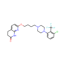 O=C1CCc2ccc(OCCCCN3CCN(c4cccc(Cl)c4C(F)(F)F)CC3)nc2N1 ZINC000071317508