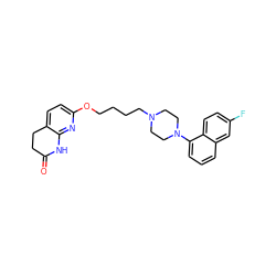 O=C1CCc2ccc(OCCCCN3CCN(c4cccc5cc(F)ccc45)CC3)nc2N1 ZINC000071330126