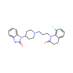 O=C1CCc2cccc(F)c2N1CCCN1CCC(n2c(=O)[nH]c3ccccc32)CC1 ZINC000084729574