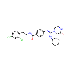 O=C1CN(/C(=N/c2ccc(C(=O)NCCc3ccc(Cl)cc3Cl)cc2)NC2CCCCC2)CCN1 ZINC000013581474