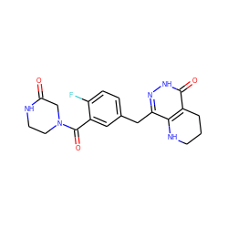 O=C1CN(C(=O)c2cc(Cc3n[nH]c(=O)c4c3NCCC4)ccc2F)CCN1 ZINC000084687546