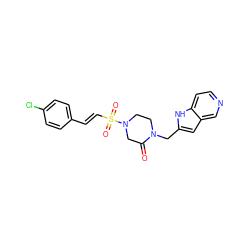 O=C1CN(S(=O)(=O)/C=C/c2ccc(Cl)cc2)CCN1Cc1cc2cnccc2[nH]1 ZINC000100935035