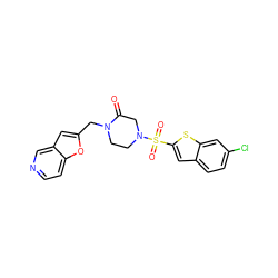 O=C1CN(S(=O)(=O)c2cc3ccc(Cl)cc3s2)CCN1Cc1cc2cnccc2o1 ZINC000013493279