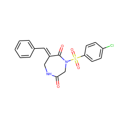 O=C1CN(S(=O)(=O)c2ccc(Cl)cc2)C(=O)/C(=C/c2ccccc2)CN1 ZINC000028894202