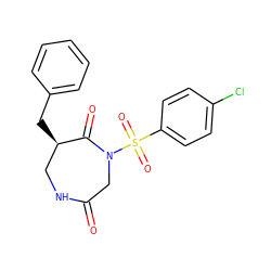 O=C1CN(S(=O)(=O)c2ccc(Cl)cc2)C(=O)[C@H](Cc2ccccc2)CN1 ZINC000028894191