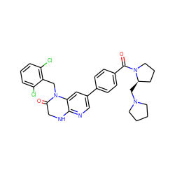 O=C1CNc2ncc(-c3ccc(C(=O)N4CCC[C@H]4CN4CCCC4)cc3)cc2N1Cc1c(Cl)cccc1Cl ZINC000049807770