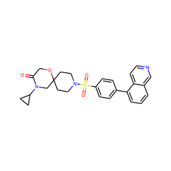 O=C1COC2(CCN(S(=O)(=O)c3ccc(-c4cccc5cnccc45)cc3)CC2)CN1C1CC1 ZINC000473115910