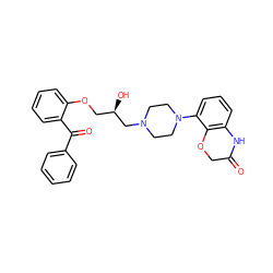 O=C1COc2c(cccc2N2CCN(C[C@H](O)COc3ccccc3C(=O)c3ccccc3)CC2)N1 ZINC000473145159