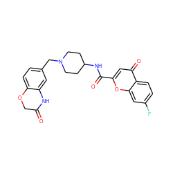 O=C1COc2ccc(CN3CCC(NC(=O)c4cc(=O)c5ccc(F)cc5o4)CC3)cc2N1 ZINC000036126732