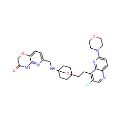 O=C1COc2ccc(CNC34CCC(CCc5c(F)cnc6ccc(N7CCOCC7)nc56)(CC3)OC4)nc2N1 ZINC000149259923
