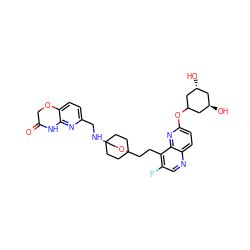 O=C1COc2ccc(CNC34CCC(CCc5c(F)cnc6ccc(OC7C[C@H](O)C[C@@H](O)C7)nc56)(CC3)OC4)nc2N1 ZINC000149227840