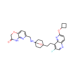 O=C1COc2ccc(CNC34CCC(CCc5c(F)cnc6ccc(OC7CCC7)nc56)(CC3)OC4)nc2N1 ZINC000473110936