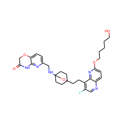 O=C1COc2ccc(CNC34CCC(CCc5c(F)cnc6ccc(OCCCCCO)nc56)(CC3)OC4)nc2N1 ZINC000149202838
