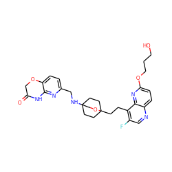 O=C1COc2ccc(CNC34CCC(CCc5c(F)cnc6ccc(OCCCO)nc56)(CC3)OC4)nc2N1 ZINC000149189577