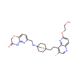 O=C1COc2ccc(CNC34CCC(CCc5c(F)cnc6ccc(OCCO)nc56)(CC3)OC4)nc2N1 ZINC000149176757