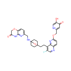 O=C1COc2ccc(CNC34CCC(CCc5c(F)cnc6ccc(OCc7cc(=O)c(O)c[nH]7)nc56)(CC3)OC4)nc2N1 ZINC000149165050