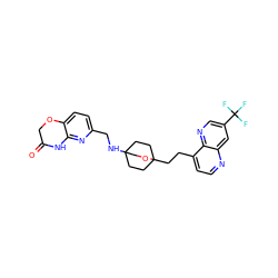 O=C1COc2ccc(CNC34CCC(CCc5ccnc6cc(C(F)(F)F)cnc56)(CC3)OC4)nc2N1 ZINC000299857194