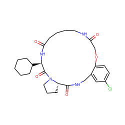 O=C1COc2ccc(Cl)cc2CNC(=O)[C@@H]2CCCN2C(=O)[C@@H](C2CCCCC2)NC(=O)CCCCN1 ZINC000013537330