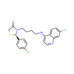 O=C1CS[C@H](c2ccc(Cl)cc2)N1CCCCNc1ccnc2cc(Cl)ccc12 ZINC000035091137