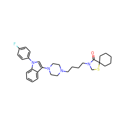 O=C1N(CCCCN2CCN(c3cn(-c4ccc(F)cc4)c4ccccc34)CC2)CSC12CCCCC2 ZINC000013759426