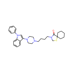 O=C1N(CCCCN2CCN(c3cn(-c4ccccc4)c4ccccc34)CC2)CSC12CCCCC2 ZINC000013759424