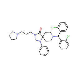 O=C1N(CCCN2CCCC2)CN(c2ccccc2)C12CCN(C(c1ccccc1Cl)c1ccccc1Cl)CC2 ZINC000044405141